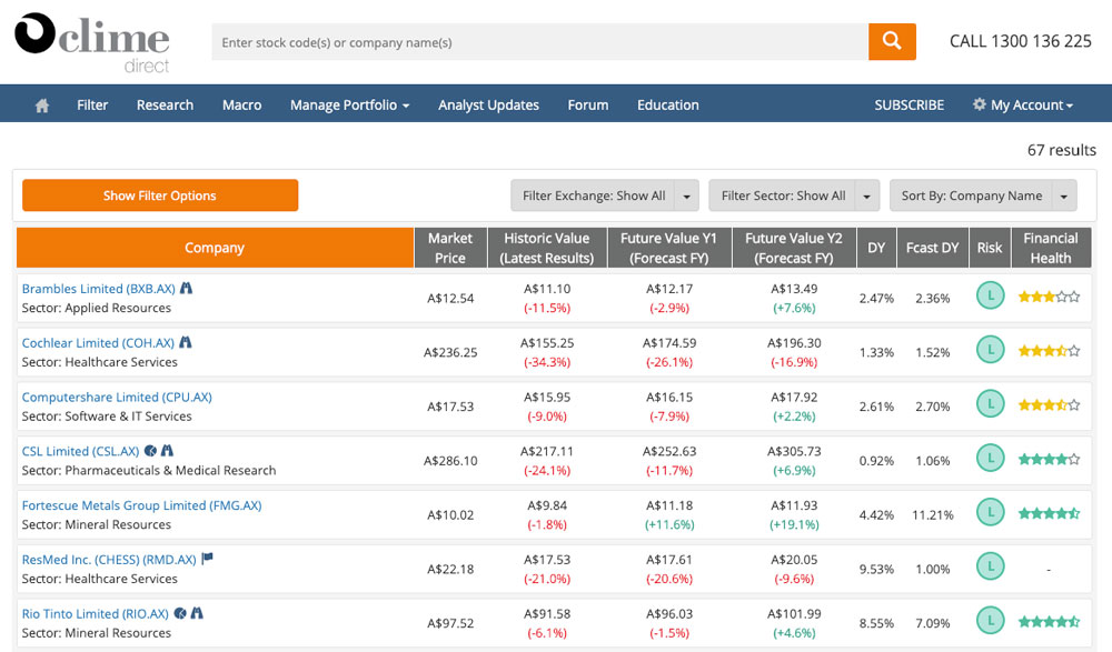 Clime Direct Company List - Desktop View