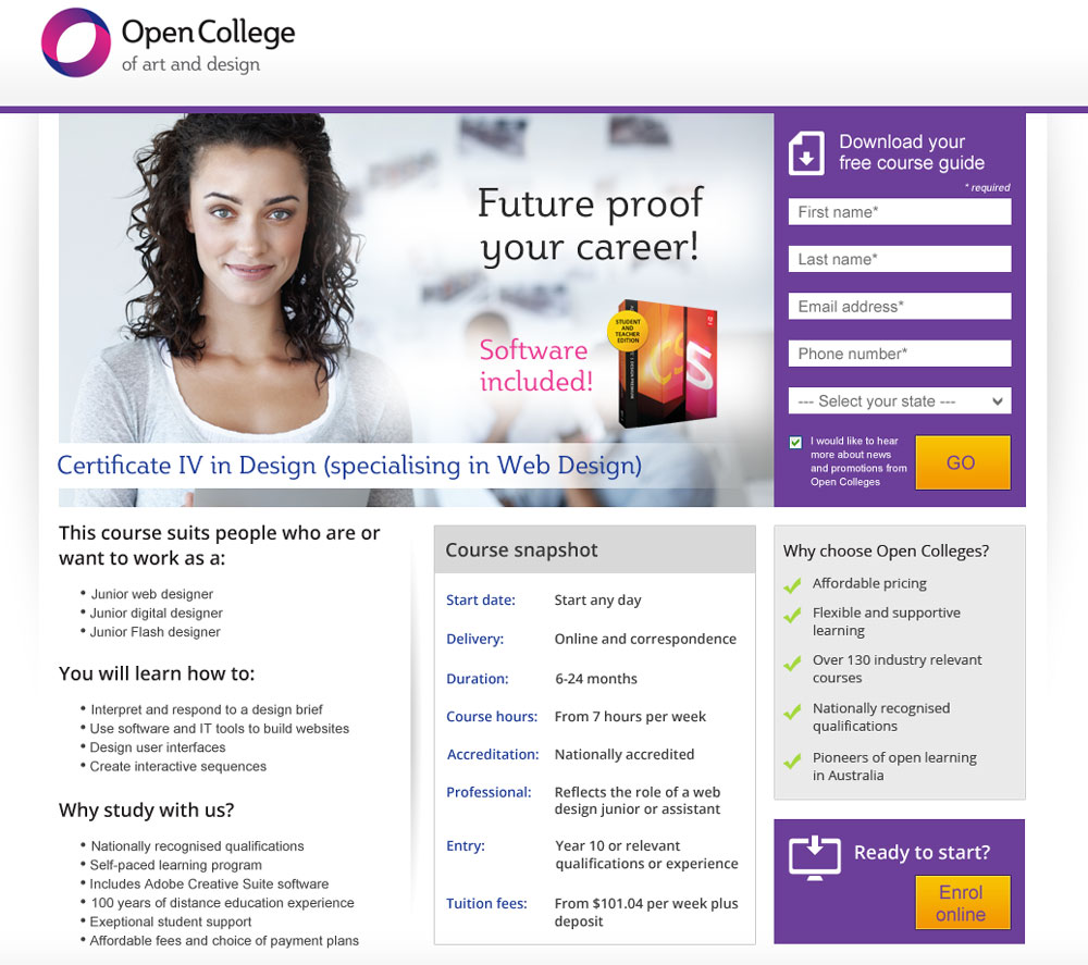 Open Colleges - Landing page example