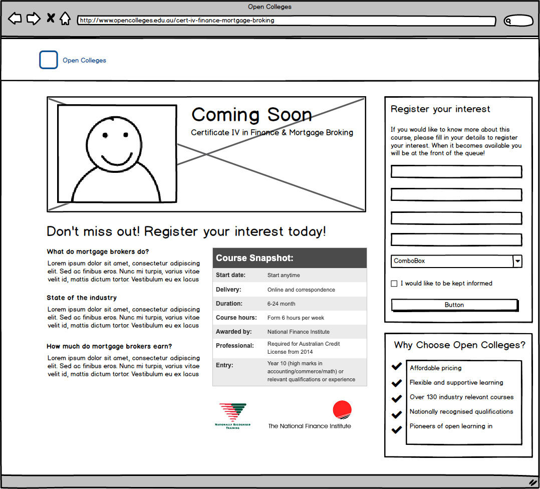 Open Colleges - Landing page wireframe